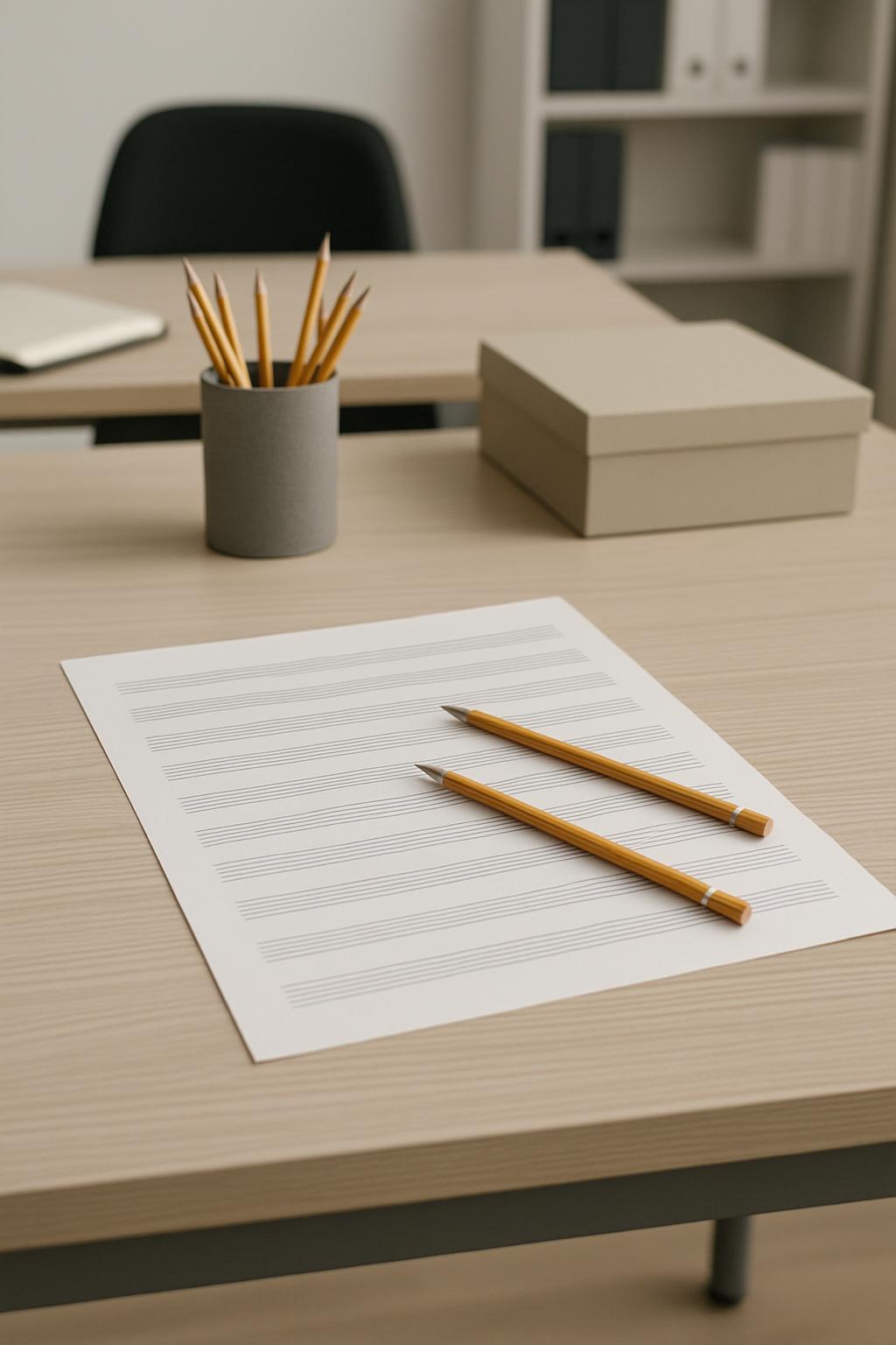 An office or study desk with a sheet of music and pencils placed on its surface.