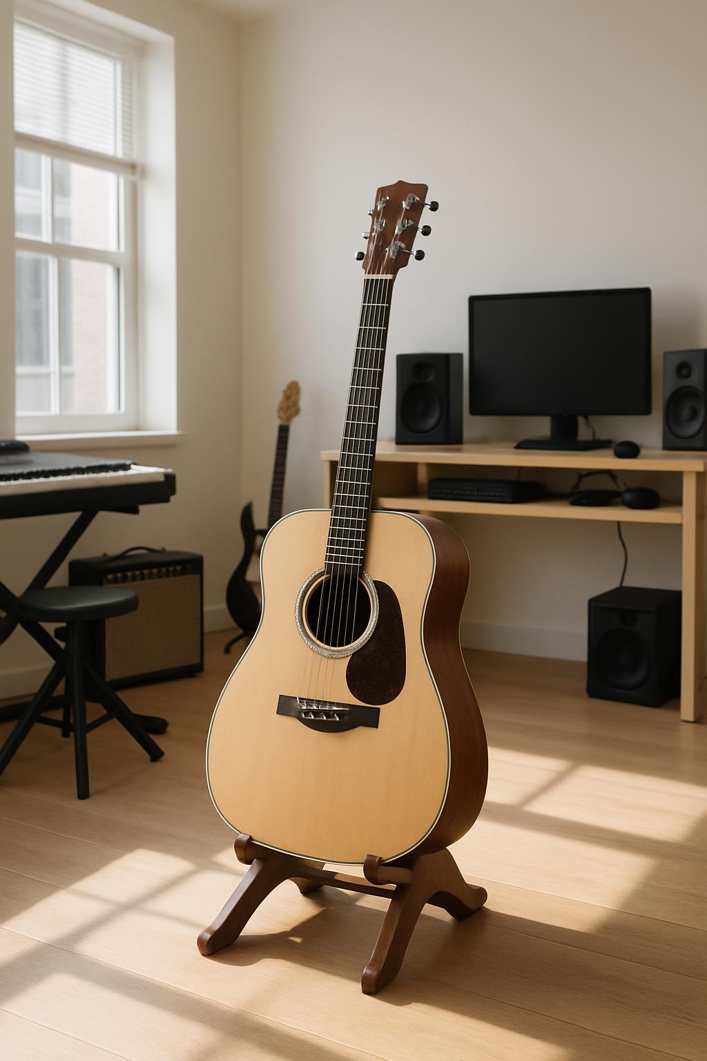 **Alt Text for the Image** white-walled room with a tan-colored guitar Alternatively, it could be: guitar in a well-lit room