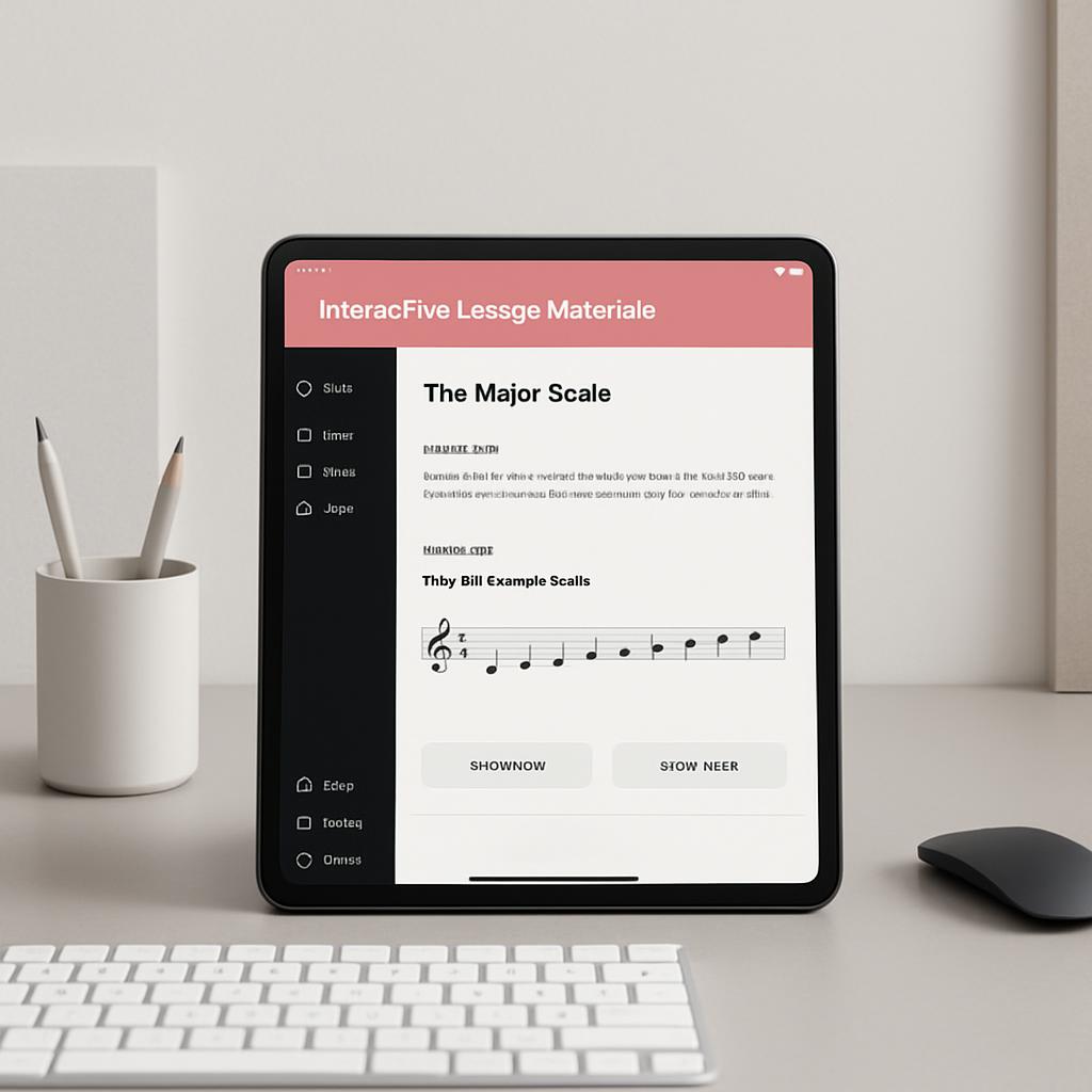 Here is the alt text for the image: "A tablet on a desk with a keyboard, mouse, and cup of pens."