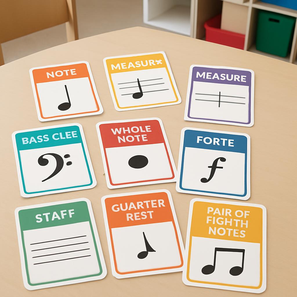 A collection of music notation cards, including note, measure, and a bass clee.