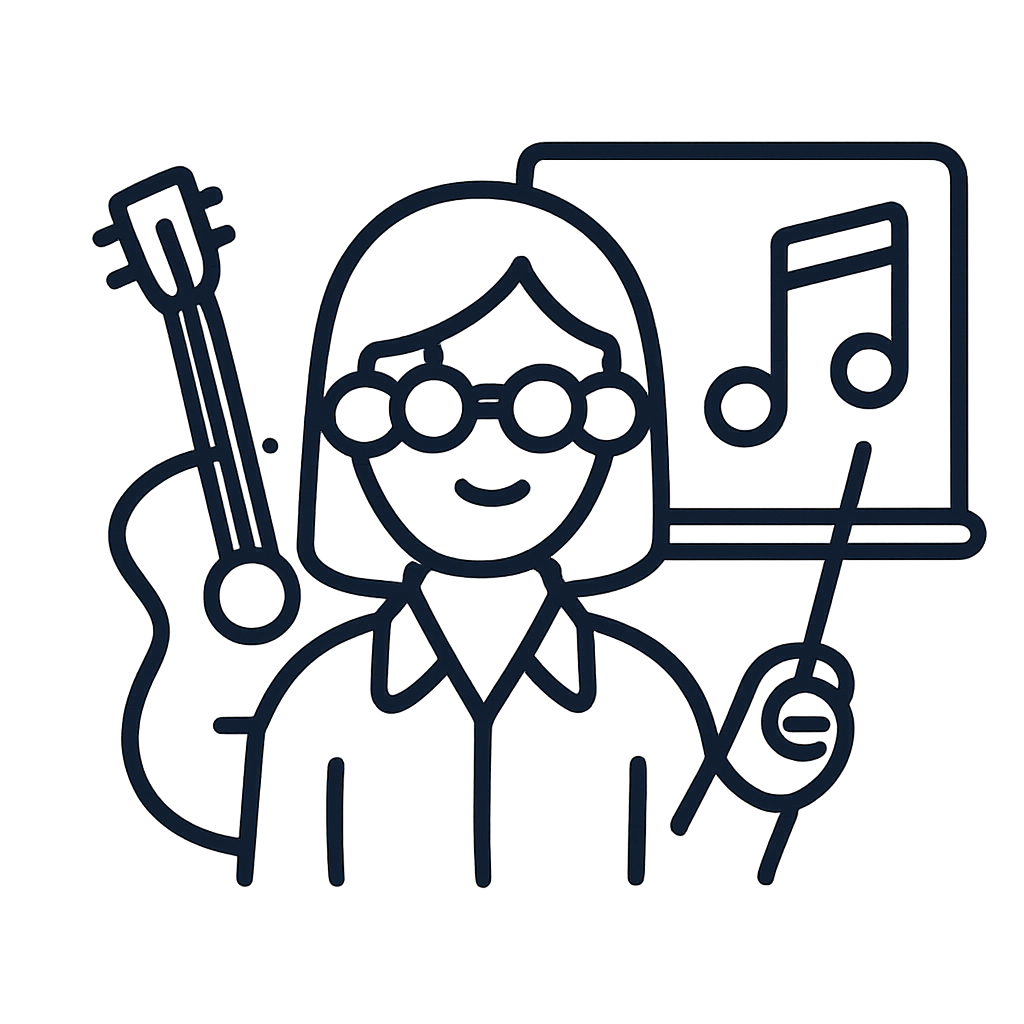 A person with glasses, holding up a guitar and a music sheet.